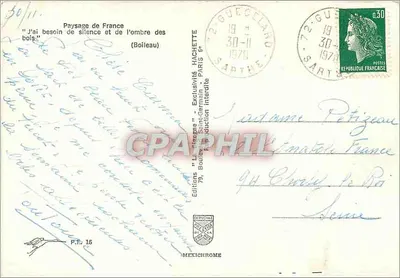 Pejzaż Francji — "Potrzebuję ciszy i cieni drzew" (Boileau) — Éditions Hachette — Rewers