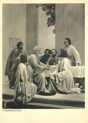 Fusswaschung — cena dos Passionsspiele de 1950 em Oberammergau — editada por F. Bruckmann KG, München