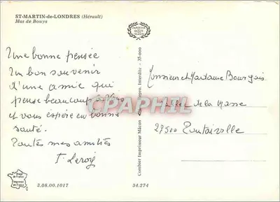 St-Martin-de-Londres — Mas de Bouys — Imprimeur Combier — Verso