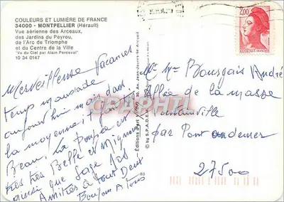 Montpellier — Widok lotniczy Jardins du Peyrou, Arc de Triomphe i Centrum Miasta — Wydawnictwo J. Arcuelli — Rewers