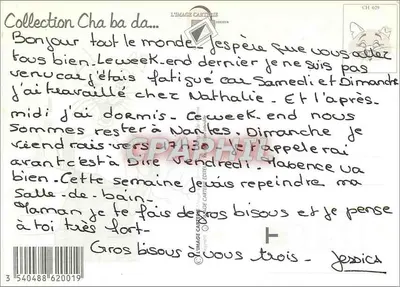 Gato pensativo diante de uma pilha de cartas — Como te dizer? — L'Image Cartetite, n° CH 029 — Verso