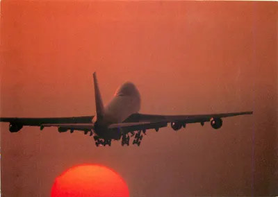 Avião Boeing 747 — decolagem ao pôr do sol — editado pelo Service Publicité d'Air France