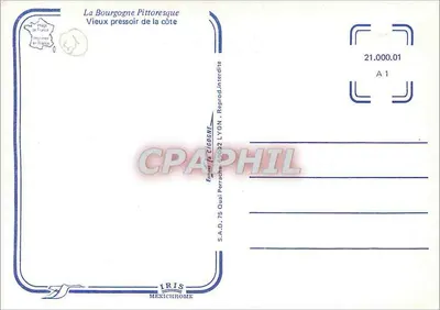 Velho prensador da Côte — Bourgogne pitoresca — Editor IRIS MEXICHROME, n° 21.000.01 — Verso