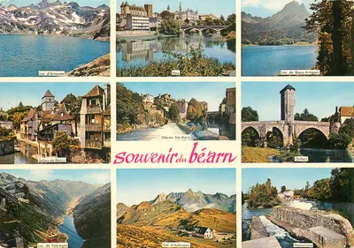 Souvenir do Béarn — 9 vistas (Lac d'Artouste, Pau, Lac de Bious-Artigues, Salies-de-Béarn, Oloron Ste-Marie, Orthez, Lac de Fabreges, Col d'Aubisque, Navarrenx) — Impresso na França