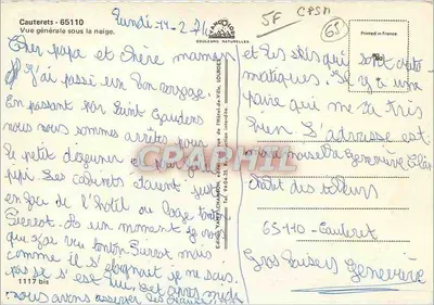 Cauterets - 65110 — Ogólny widok pod śniegiem — Wydawnictwo Yan-Champion — Rewers