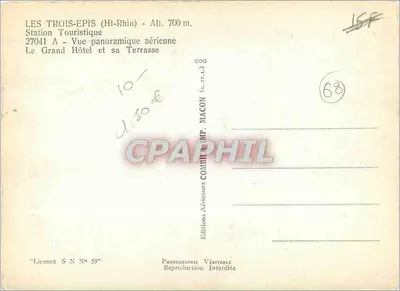 Les Trois-Epis (Ht-Rhin) — Stacja turystyczna — widok panoramiczny z lotu ptaka z Grand Hôtel i jego tarasem — Wydawnictwo Aériennes Combier, MACON — Rewers
