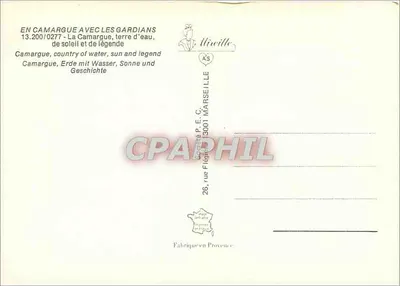 La Camargue — krajobraz z końmi, flamingami i słońcem — wydawca Liiville, nr 13.200/0277 — Rewers