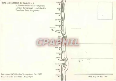 Klasztor Poblet — Widok dziedzińca i wieży z ogrodu — Wydawca RAYMOND, Tarragone — Rewers