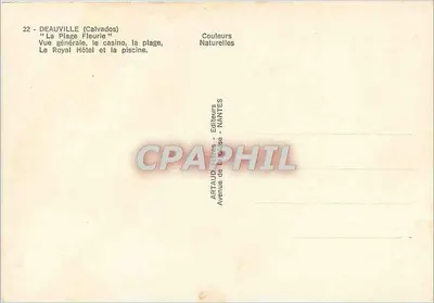 Deauville (Calvados) — Vista geral, o cassino, a praia, o Hotel Royal e a piscina — Artaud Éditeurs, Nantes — Verso