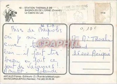 Bagnolles-de-l'Orne — Estación termal — El Casino del Lago — editor ARTAUD Frères — Reverso
