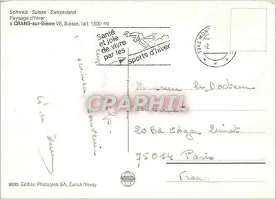 Crans-sur-Sierre — paesaggio invernale — Edizione Photoglob SA, Zurigo/Vevey, n°9039 — Verso