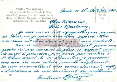 Paryż — Widok z lotu: Katedra Notre-Dame w Paryżu, wyspa Sainte-Geneviève (strona wschodnia), perspektywa mostów nad Seiną, Święta Kaplica, Wieża Eiffla — fotografia Greffa — Rewers