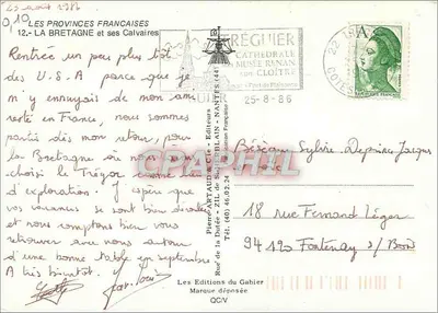 Carta postal ilustrada da Bretanha — algumas efígies de santos bretones antigos e calvários — editor Les Éditions du Gabier — Verso