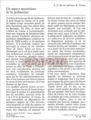 Carnac — Wyrównania megalityczne — wydawca VPC Larousse Laffont, n° R4-03-0084 — Rewers