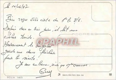 Sicília — carta postal ilustrada — KINA ITALIA, Milão, n°14623 — Verso