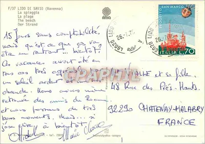 Lido di Savio — praia animada — Ed. B. Marcacci & Rimini, F/37 — Verso