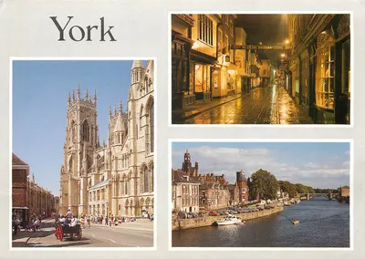 York — Catedral, rua noturna e rio — Carta postal