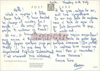 York — Catedral, rua noturna e rio — Carta postal — Verso