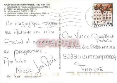 Schattwald - Zöblen - Tannheim - Haldensee - Vilsalpsee — Tannheimer Tal — wydawca Anschikartenverlag, n° F 396 — Rewers