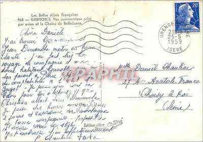 Grenoble — Panoramiczna widokowa karta z lotu i łańcuch Belledonne — Wydawnictwo Art Grenoble, nr 965 — Rewers
