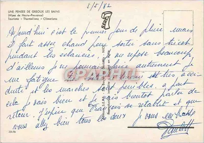 Greoux-les-Bains — vista da capela, do edifício dos Termas Troclouds e do vilarejo — Edições S.E.R.T. n° 235/86 — Verso