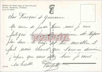 Grenoux-les-Bains (Alpes de Haute-Provence) — vista da rua do Cadran — Éditions S.E.P.T. - 235/68 — Verso