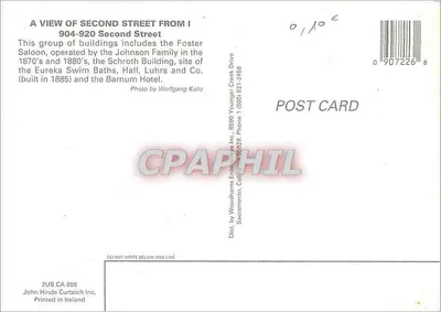 Stara pocztówka Sacramento — widok ulicy Second Street — John Hinde Curteich Inc. — Rewers
