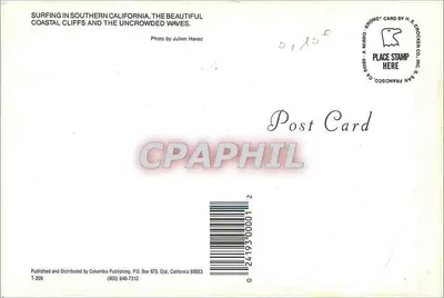 Surf en California — acantilados costeros y olas poco concurridas — Columbia Publishing, T-209 — Reverso