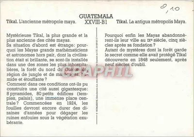 Tikal. Stara metropolia maya — Gwatemala — wydawca NICALEACTE, seria XXVIII-B1 — Rewers
