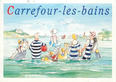 Carrefour-les-bains — praia animada — desenho de Gene Marchelin