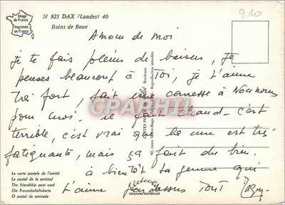 Bains de Dax — mulher em traje de banho com texto humorístico — editor Couleurs Naturelles — Verso