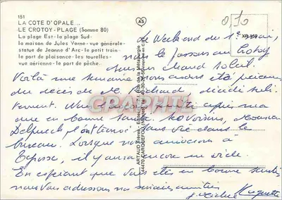 Le Crotoy-Plage — vista geral, praia, casa de Jules Verne, estátua de Jeanne d'Arc, pequeno trem, portos — Artaud Frères, Editor — Verso