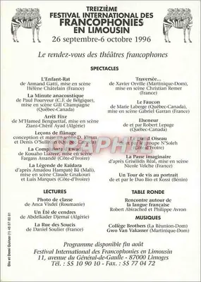 Festival internacional das Francophonies no Limousin — 11 avenue do Geral de Gaulle, 87000 Limoges — edição 1996 — Verso