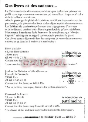 Księgarnie dziedzictwa — Hôtel de Sully, Jardins des Tuileries, Carrousel du Louvre — Caisse nationale des monuments historiques et des sites — Rewers