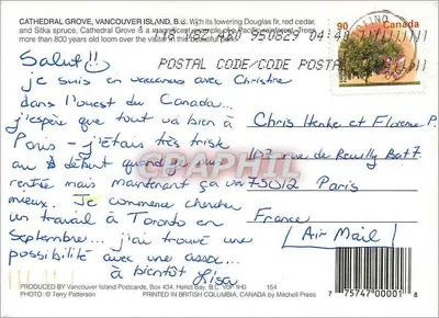 Catedral Grove, Vancouver Island, B.C. — floresta de sequoias e pinheiros douglas — editor Vancouver Island Postcards, n°154 — Verso