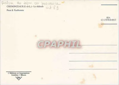 Chenonceaux — Zamek nad Loarą — Wydawnictwo i Drukarnia Combier / Mâcon, n° C3 37070-0-0015 — Rewers