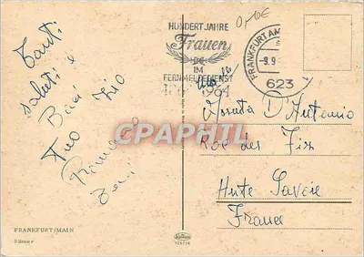 Plac targowy w Frankfurtu — HUNDERTJAHRE Kobiety w Usługach Telekomunikacyjnych — wydawca Römer, nr 925/54 — Rewers