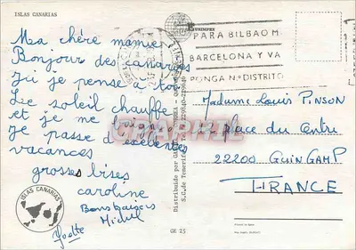 Saudações de Tenerife — vista da montanha, da Dracaena e dos macacos — editor S.C. de Tenerife — Verso