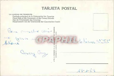 A Laguna de Tenerife — Faculdade principal da Universidade das Ilhas Canárias — edição Lito. A. Romero S.A. - San Cristóbal de Tenerife — Verso