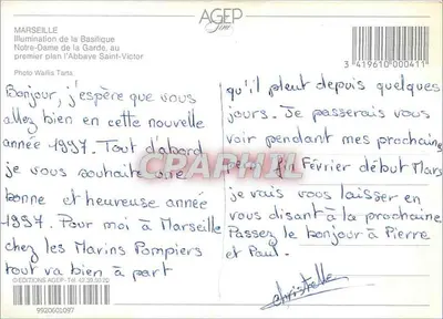 Marseille — Verlichting van de Basiliek Onze Lieve Vrouw van de Garde met in de voorgrond de Abdij van Sint-Victor — Uitgave AGEp — Achterkant