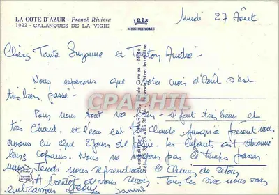 Côte d'Azur — Calanques de La Vigie — Editor IRIS, n° 1022 — Verso