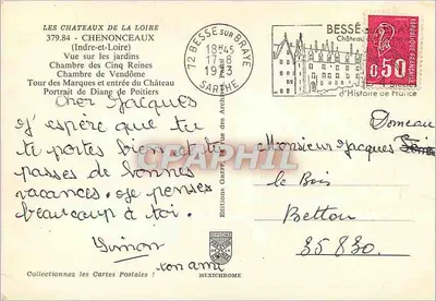 Zamek Chenonceaux — Widok na ogród, Pokój Pięciu Królowych, Wieża Znaczków, Portret Diany de Poitiers — Wydawnictwo Mexichrome — Rewers