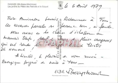 Cannes — Los jardines del Palais des Festivals y el Suquet — editor Éditions de la Poste — Reverso