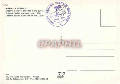 Vesúvio — Cratera atual e trilha de 1000 m — Ed. Vincenzo Carcavallo, Nápoles — Verso