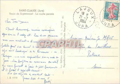 Saint-Claude (Jura) — Rodovia de Septmoncel - A rocha perfurada — Les Éditions d'Art, Paris, n° I.B. 4218 — Verso