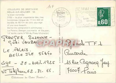 Belle-Ile-en-Mer — panoramowa kartka pocztowa z mapą szczegółową — Wydawnictwo Sztuki 'Jack' N°63 — Rewers