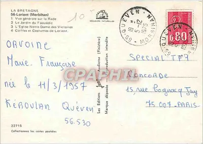 Lorient — Vue générale, Jardin du Fauëdic, Église Notre-Dame des Victoires, Costumes — Éditions Finistère — Verso