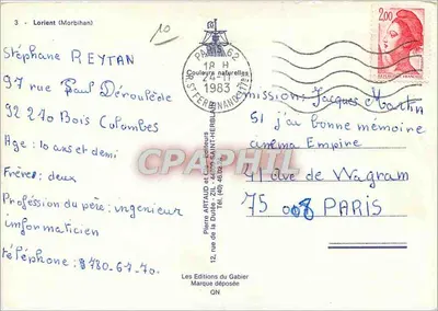 Lorient — Vista panorâmica com Ponte St-Christophe, Porto de Pesca, Igreja Nossa Senhora das Vitórias e Jardim do Faouëdic — Editor: Pierre Artaud e Cia, n°3 — Verso