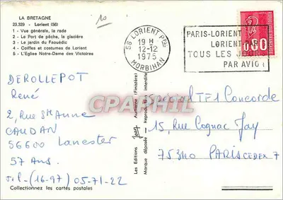 Lorient — vista generale, porto, giardino del Faouëdic, chiesa di Nostra Signora delle Vittorie — Les Éditions (Finistère) n°23.329 — Verso