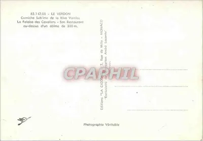 Le Verdon — Sublimna korniszka Rive Varoise — Falaise des Cavaliers — Jego Restauracja — Wydawca: Wydawnictwo 'LA CIGOGNE' — N° 83.142.08 — Rewers